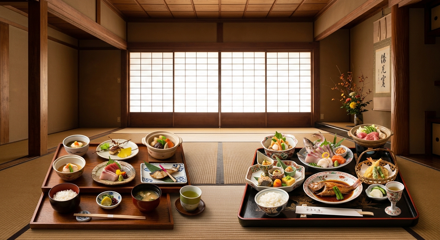 和室内、障子からの光が木材と畳を照らし、懐石料理と会席料理が美しく盛り付けられている。