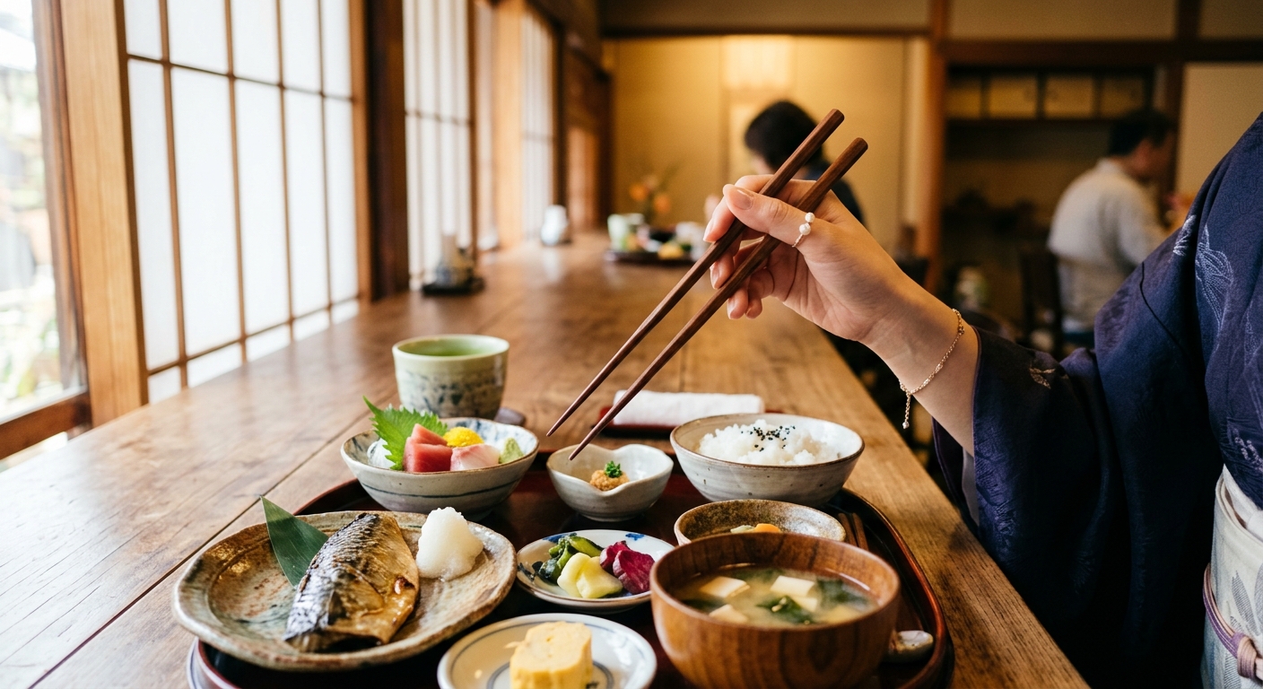 和食料理と箸を持つ手元のクローズアップ、自然光が温かみを添える。