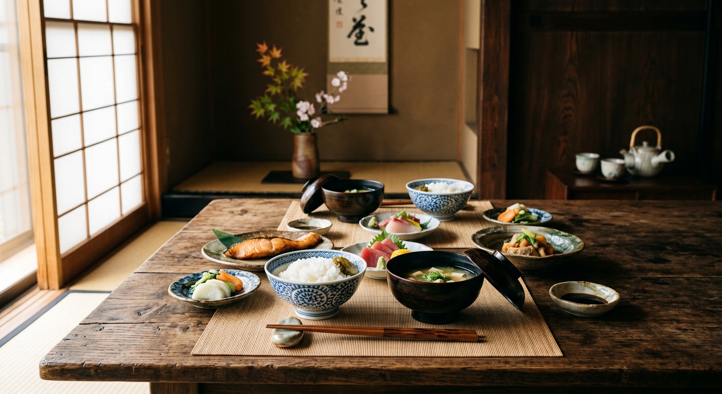 上品な和食器が並ぶ和食のテーブル、自然光が柔らかく差し込む。