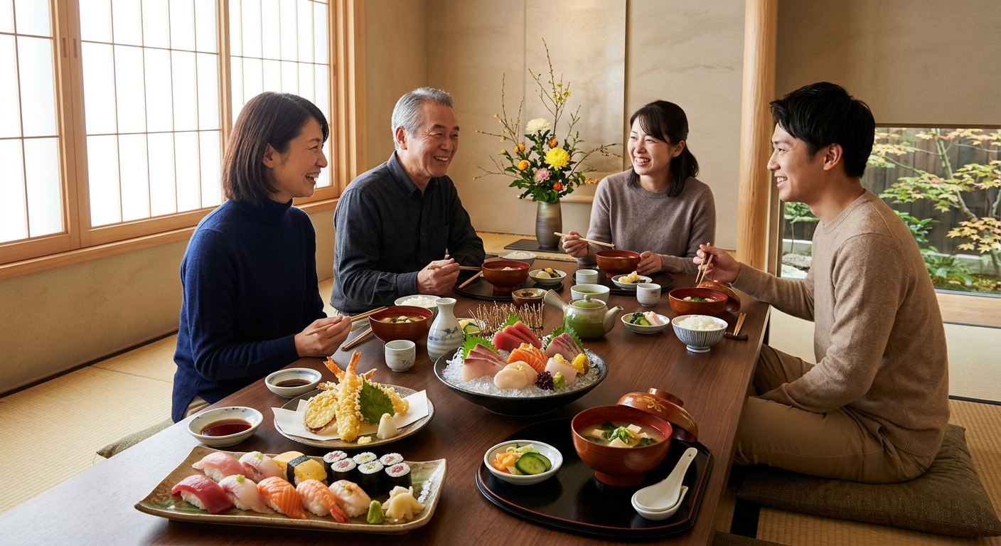 和食が並ぶ日本の伝統的なダイニングシーン、寿司、天ぷら、味噌汁、刺身が自然光で美しく配置。