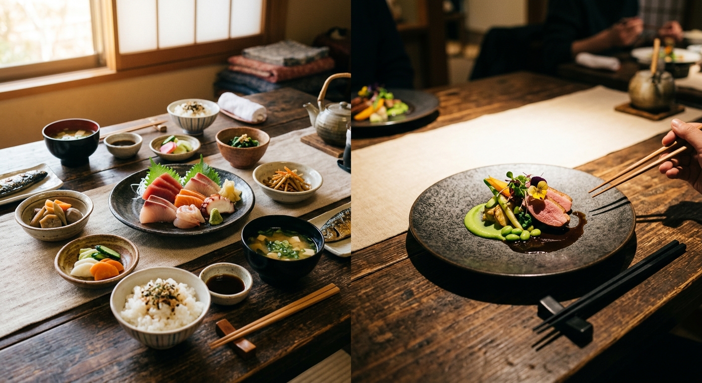 伝統的な和食とモダンな日本料理が並ぶ食卓シーン。自然光とスポットライトで温かみと洗練を演出。