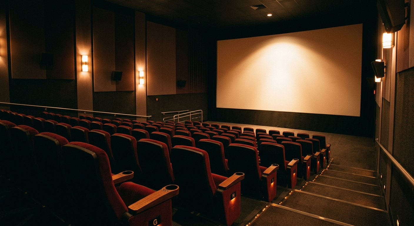 暗い映画館内、スポットライトが当たるスクリーン、温かい色合いと静寂が広がるモダンなシネマティック空間。