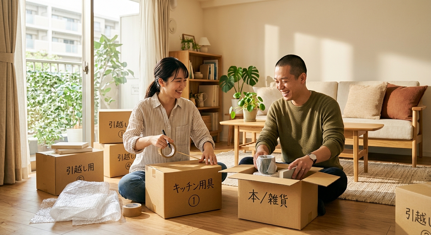 引越し作業中の若いカップルが明るいリビングで荷物を梱包し、協力し合う様子。暖かい色調のインテリア。