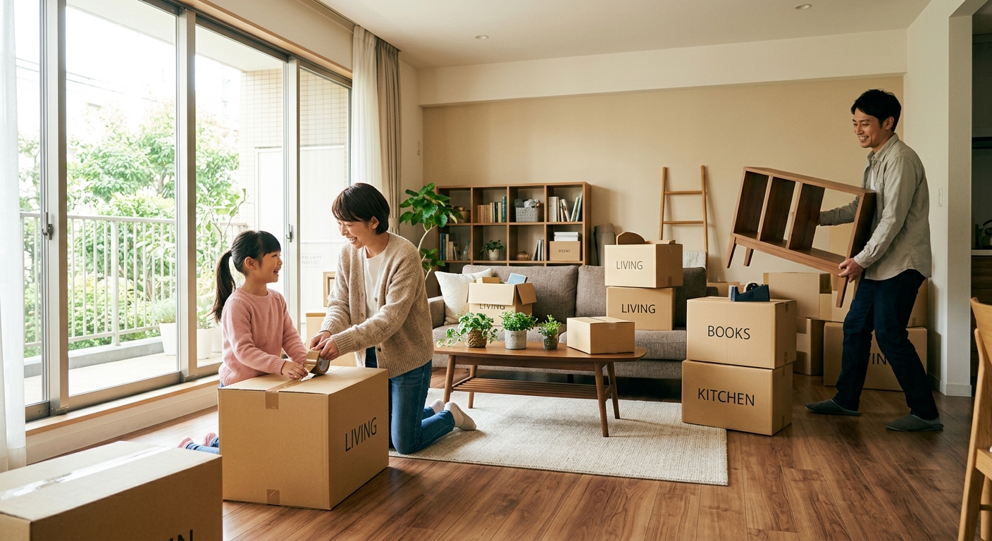 家族が明るいリビングルームで引っ越し準備をし、自然光が差し込む中、協力してダンボールを整えている。