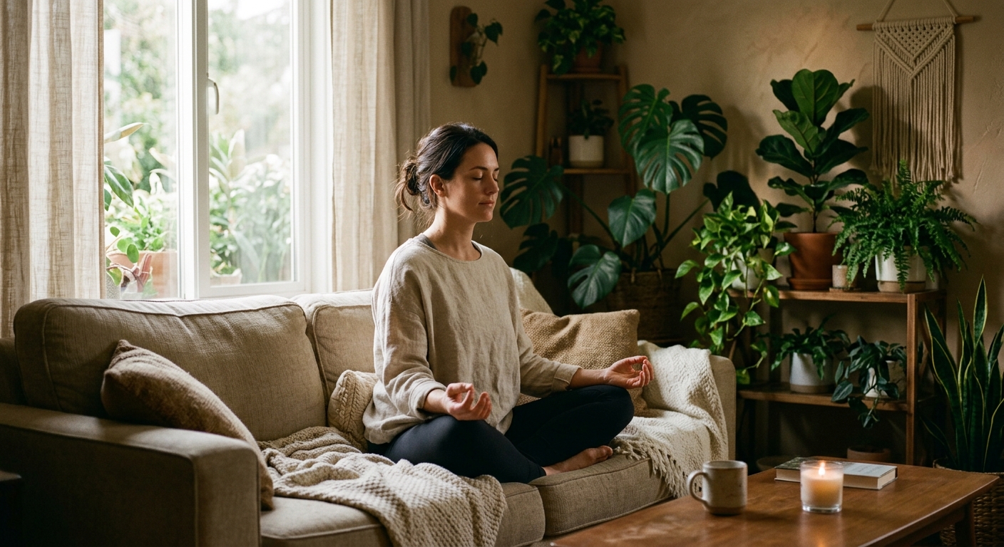 薄暗い部屋で自然光が差し込む中、ソファで瞑想する女性と観葉植物が並ぶリラックスした雰囲気。