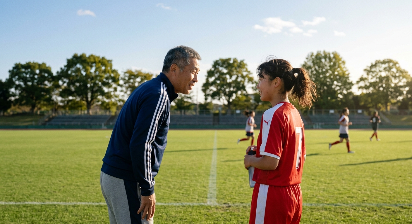 プロのスポーツコーチが女子選手とフィールドの端で対話し、親しみやすい表情でコミュニケーションをとっている。