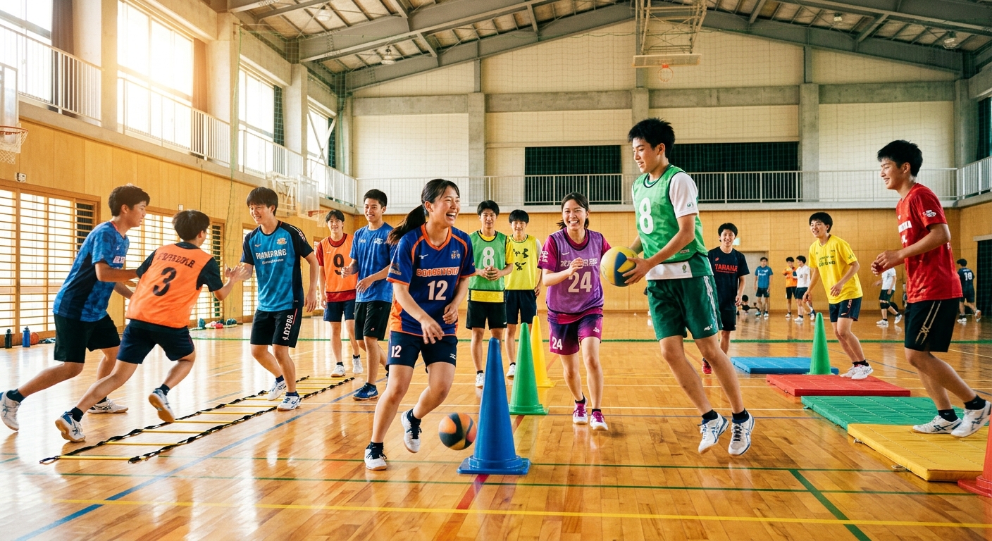 自然光が差し込む体育館で、若い選手たちが色とりどりのウェアで練習に励む活気あるシーン。