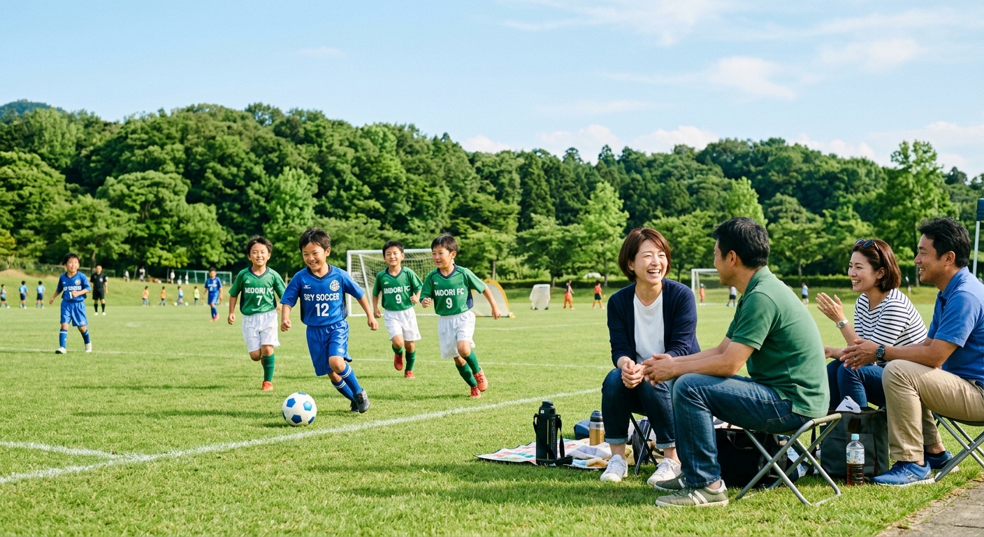 晴天の下、緑のグラウンドでスポーツを楽しむ少年たちと笑顔の保護者たち。