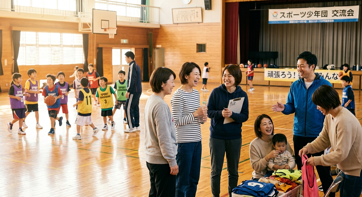 体育館でスポーツを楽しむ子供たちと和やかに会話する保護者たち、自然光が温かみを演出。