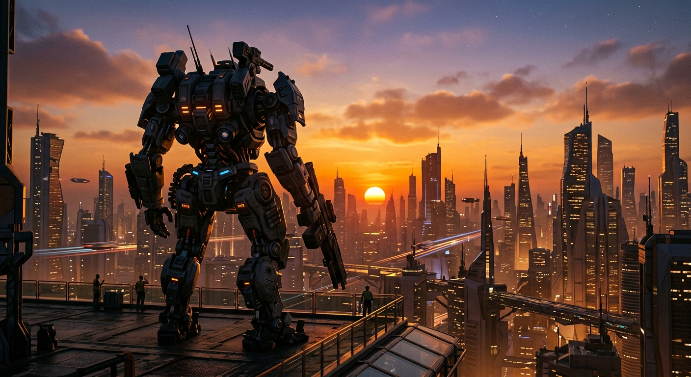 夕焼けの中、近未来都市を背景に大型ロボットのシルエットが浮かび上がる。