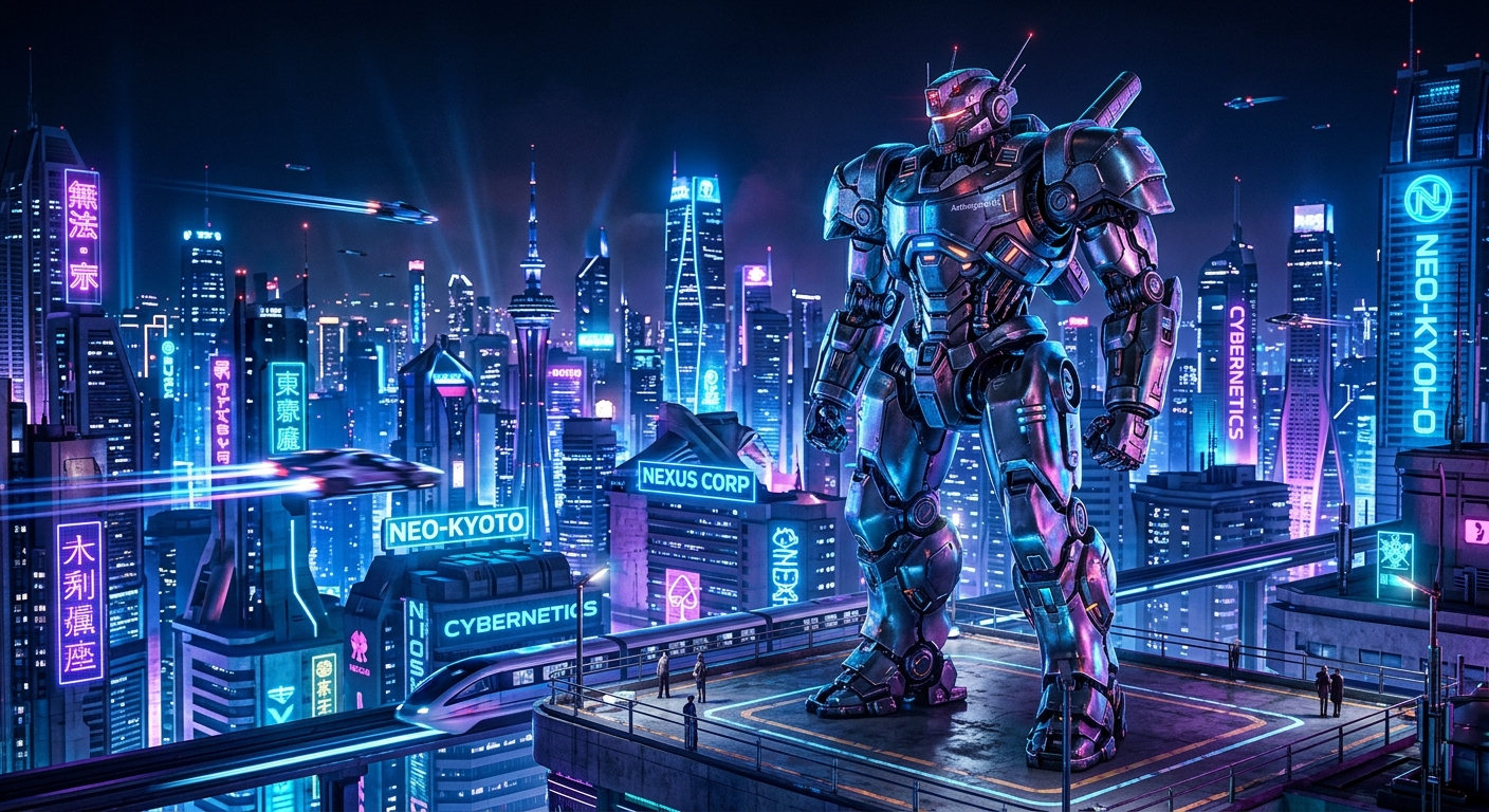 未来的な都市の夜景を背景に、ネオンライトが反射する巨大なロボットが立つシーン。