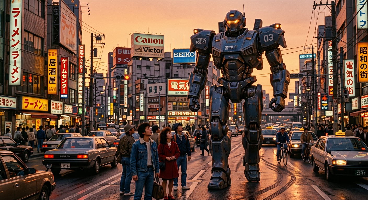 夕暮れの東京で巨大ロボットがパトロール、オレンジの光が街を包み、ロボットの質感が際立つ。