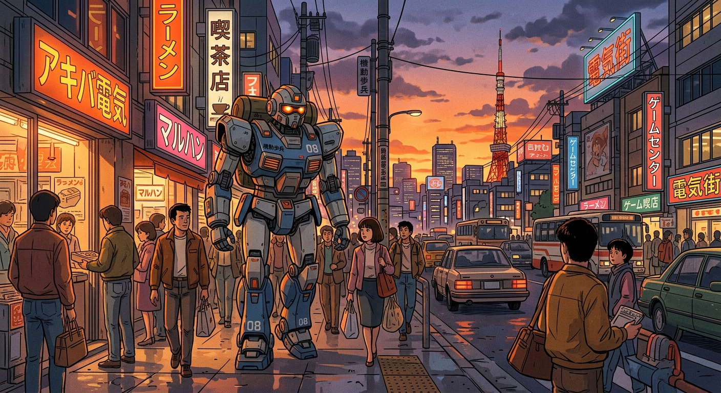 1980年代東京のレトロアニメ風景、夕焼けの中でロボットと人々が共存する未来的な都市シーン。