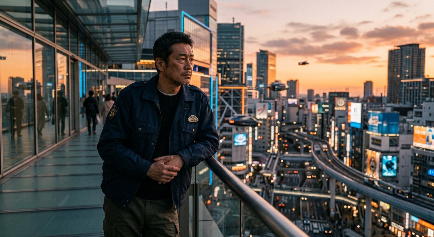夕暮れの未来都市を背景に、深く考える後藤隊長。暖色の光と影が映画的な雰囲気を演出。