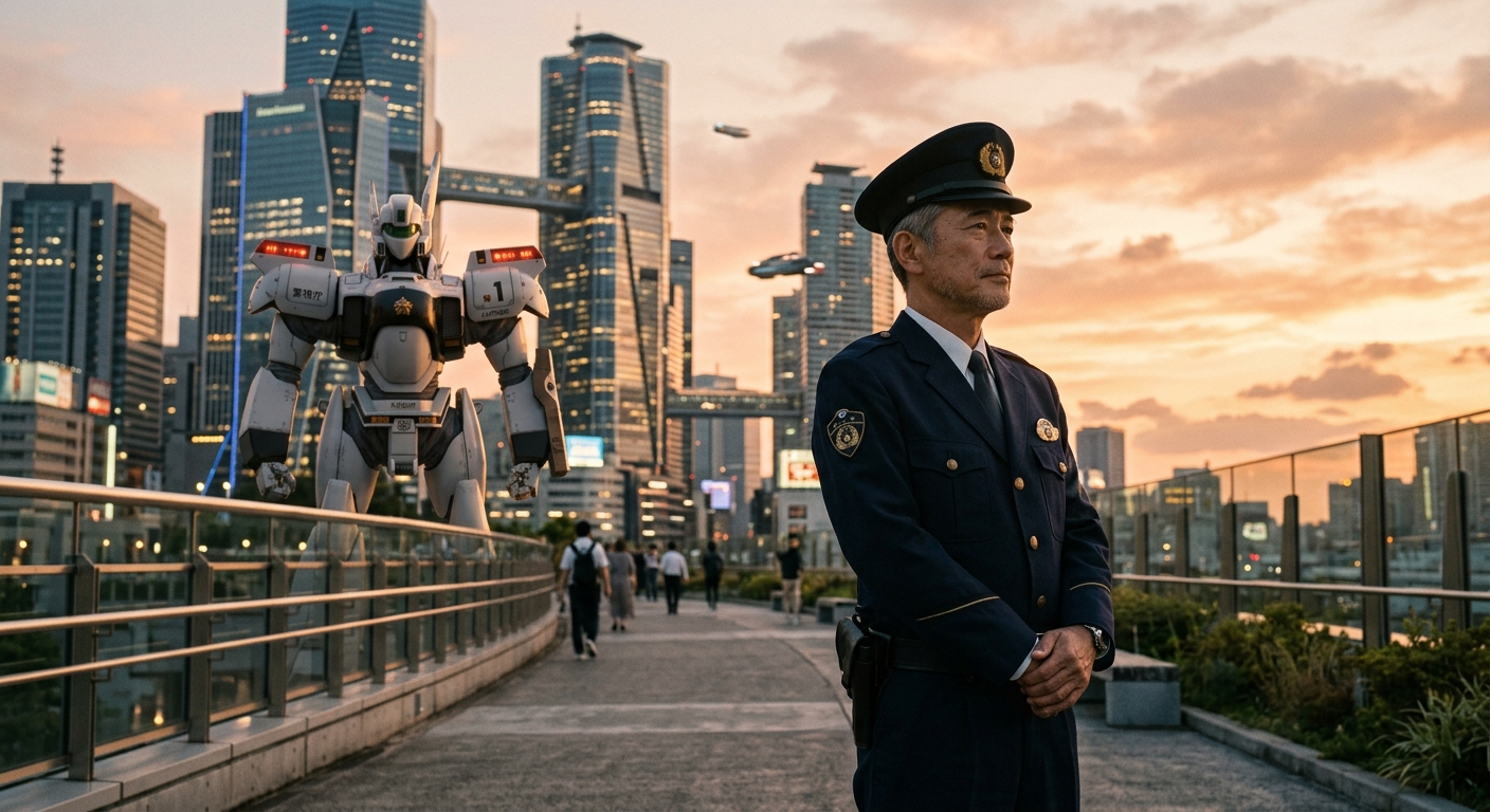 夕暮れの未来都市で、警察官が深く思索し、背景にパトレイバーが立つ。