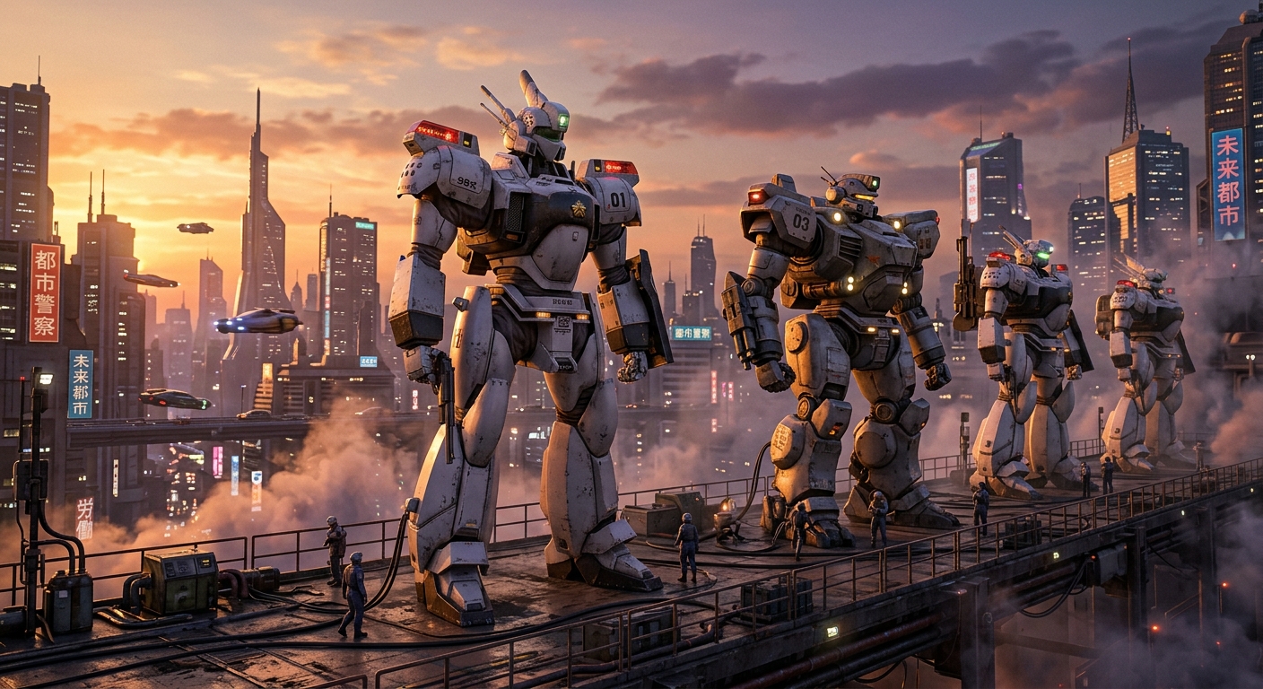未来都市の夕暮れに巨大ロボットが並ぶ、金属ボディにオレンジと紫の光が反射するフォトリアルなシーン。