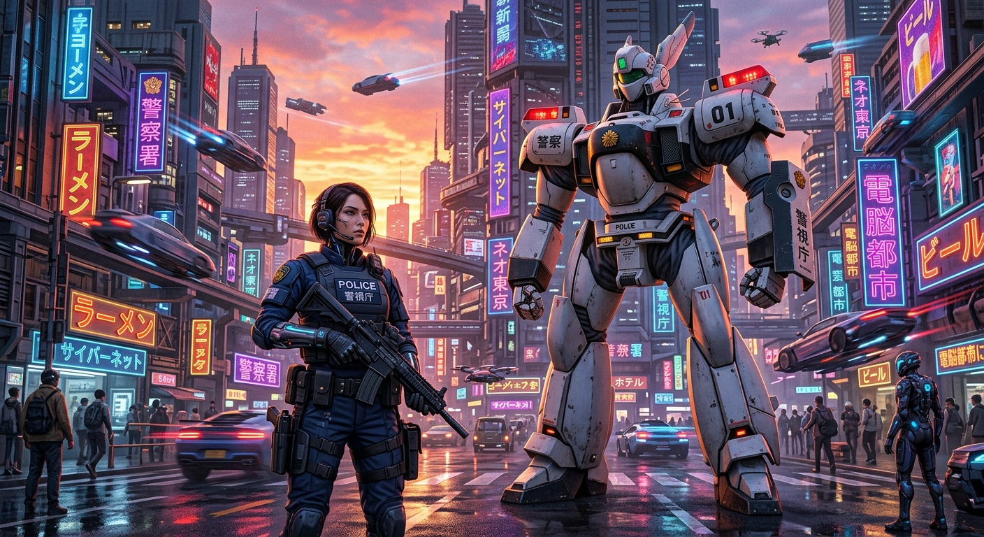 近未来都市で巨大ロボットとサイバーパンク風警察官が並ぶ夕暮れのシーン。
