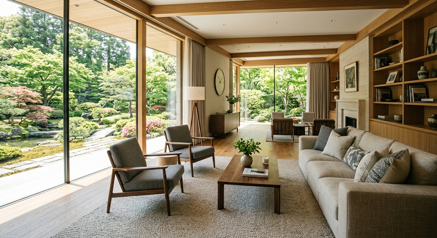 高級住宅のリビングルーム、自然光が差し込み、木材とグレー、クリーム色の調和が取れたインテリア。