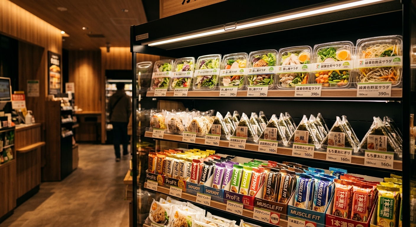 薄暗い照明のモダンなコンビニで、サラダやおにぎり、プロテインバーが整然と並ぶ棚。