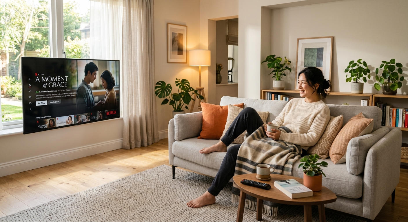 ソファーに座る女性が明るいリビングでNetflixを視聴し、自然光が部屋を優しく照らす。