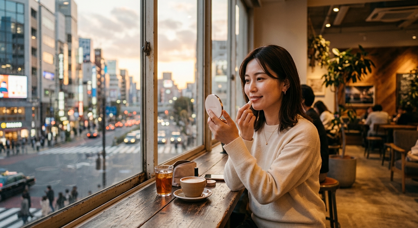 夕方の都会のカフェで、女性が窓際でメイク直しをしているシーン。暖かい光が差し込む。