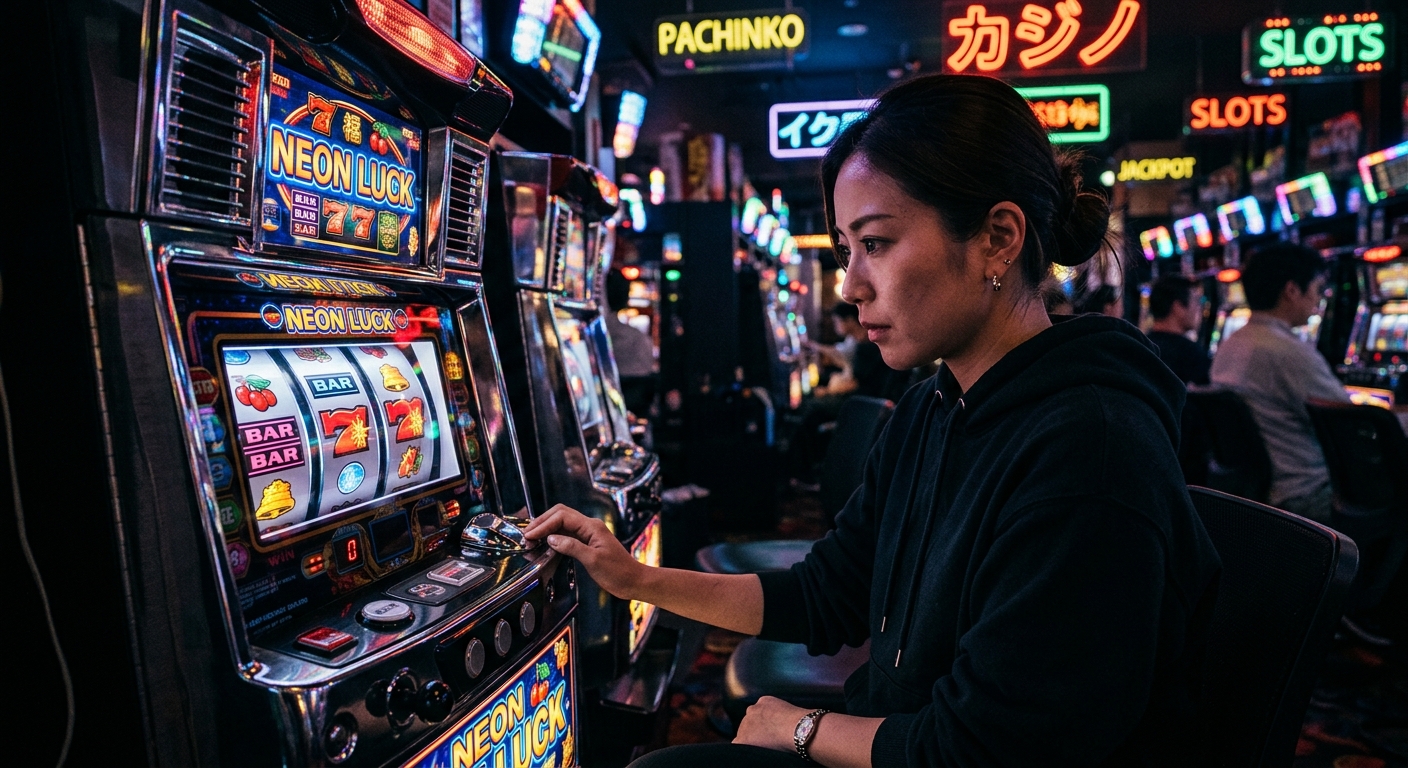 暗い部屋でネオンライトに照らされたカジノのスロットマシンが輝いている。