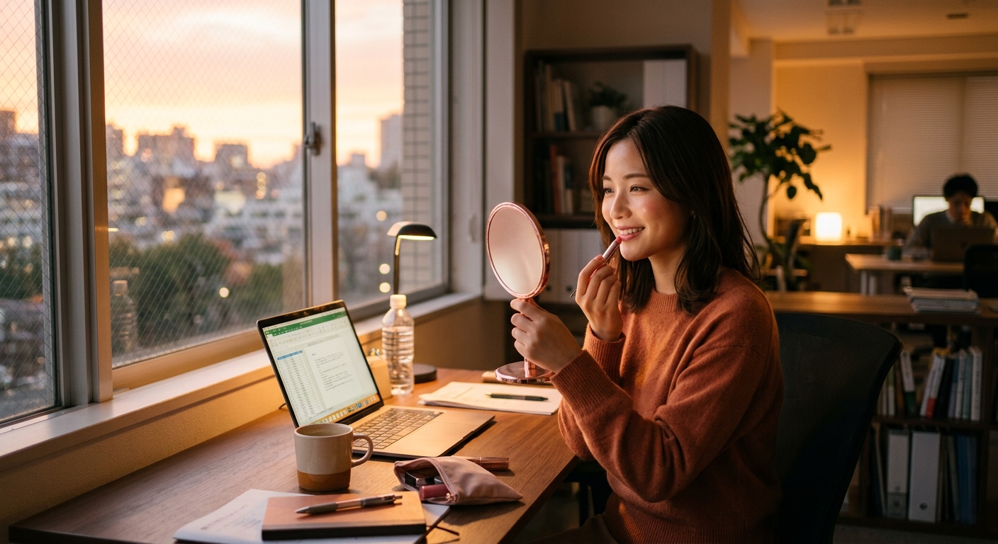 夕方のオフィスで、女性が手鏡を使いメイク直しをしながら微笑むシーン。暖かい夕陽が差し込む。