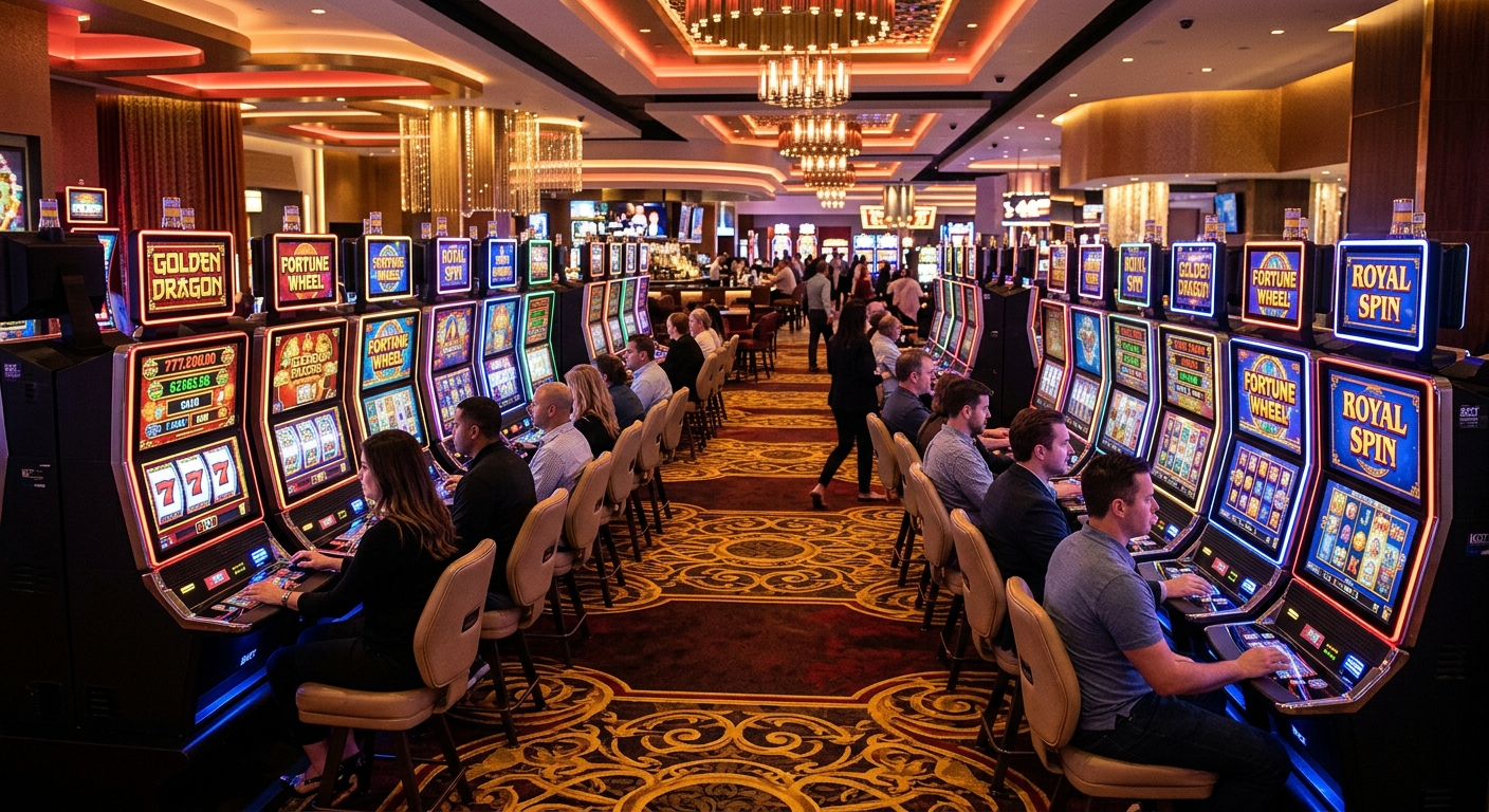 明るいカジノフロアでスロットマシンをプレイする人々。モダンな雰囲気と鮮やかな金赤のトーン。