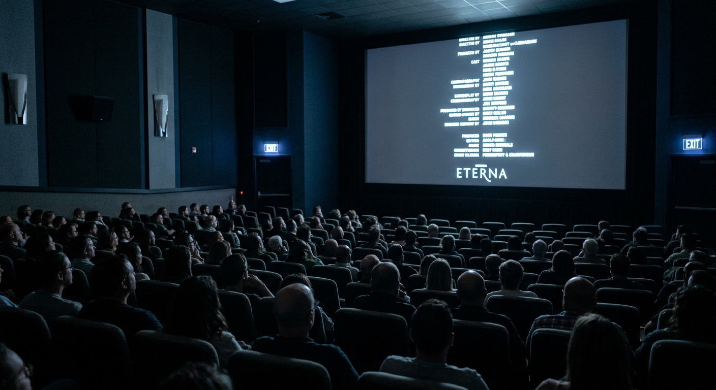 映画館でエンドロールが流れ、観客が静かに座り映画の余韻を楽しむシーン。