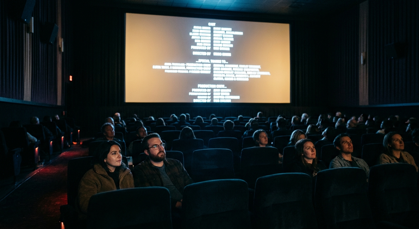 暗い映画館でエンドロールが映るスクリーンを見つめる観客たち。静寂と神秘的な雰囲気が漂う。