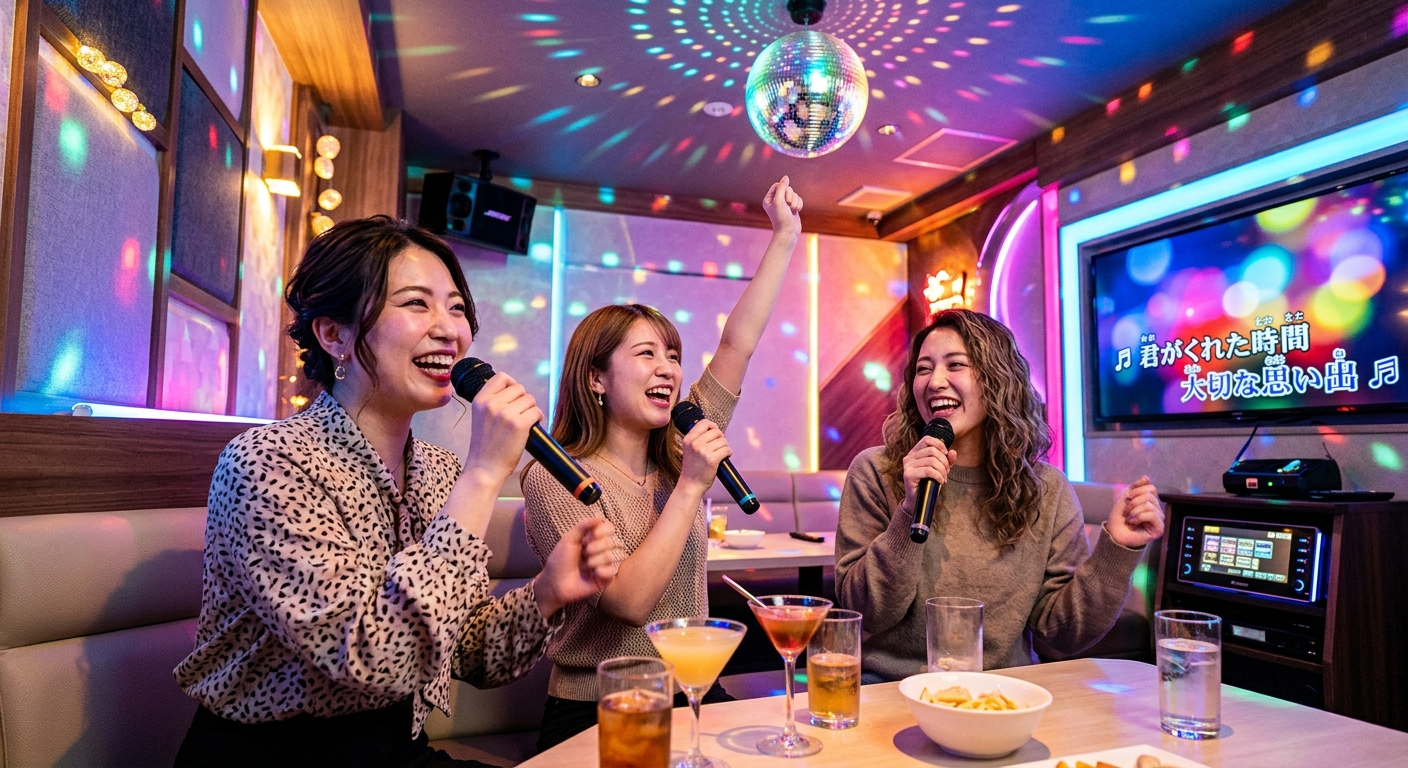カラオケルームで20代の女性たちが楽しそうに歌い、ディスコボールが光を放つ。