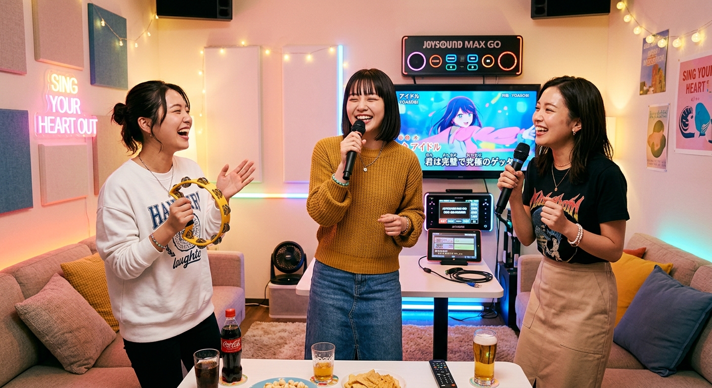 明るいカラオケルームで、20代の女性たちが楽しそうに歌っているシーン。