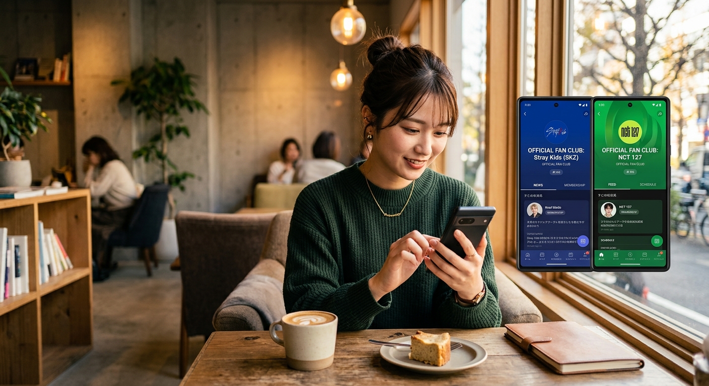スマートフォンを持つ女性がカフェでファンクラブアプリを比較しているシーン。集中した表情。