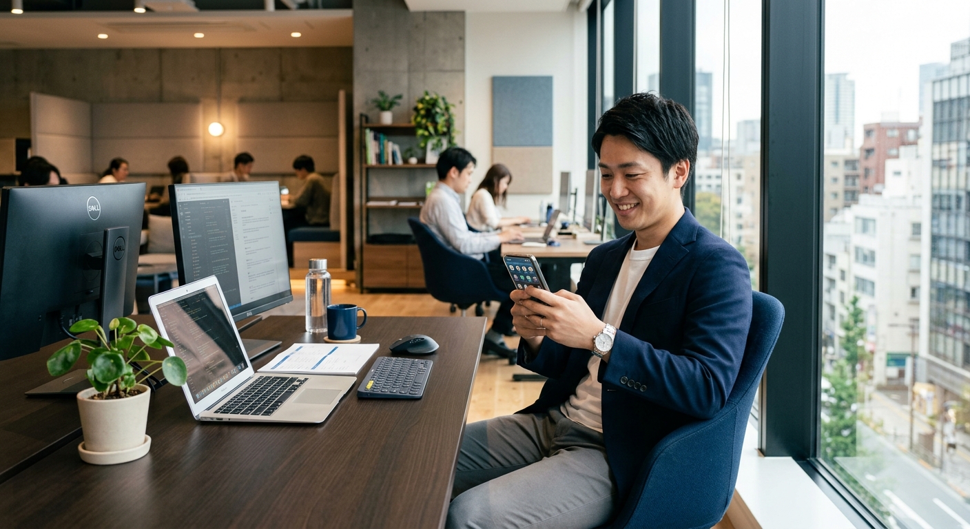 自然光の中、窓際でスマホを操作する若いビジネスパーソン。最新ガジェットが並ぶ現代的なオフィス。