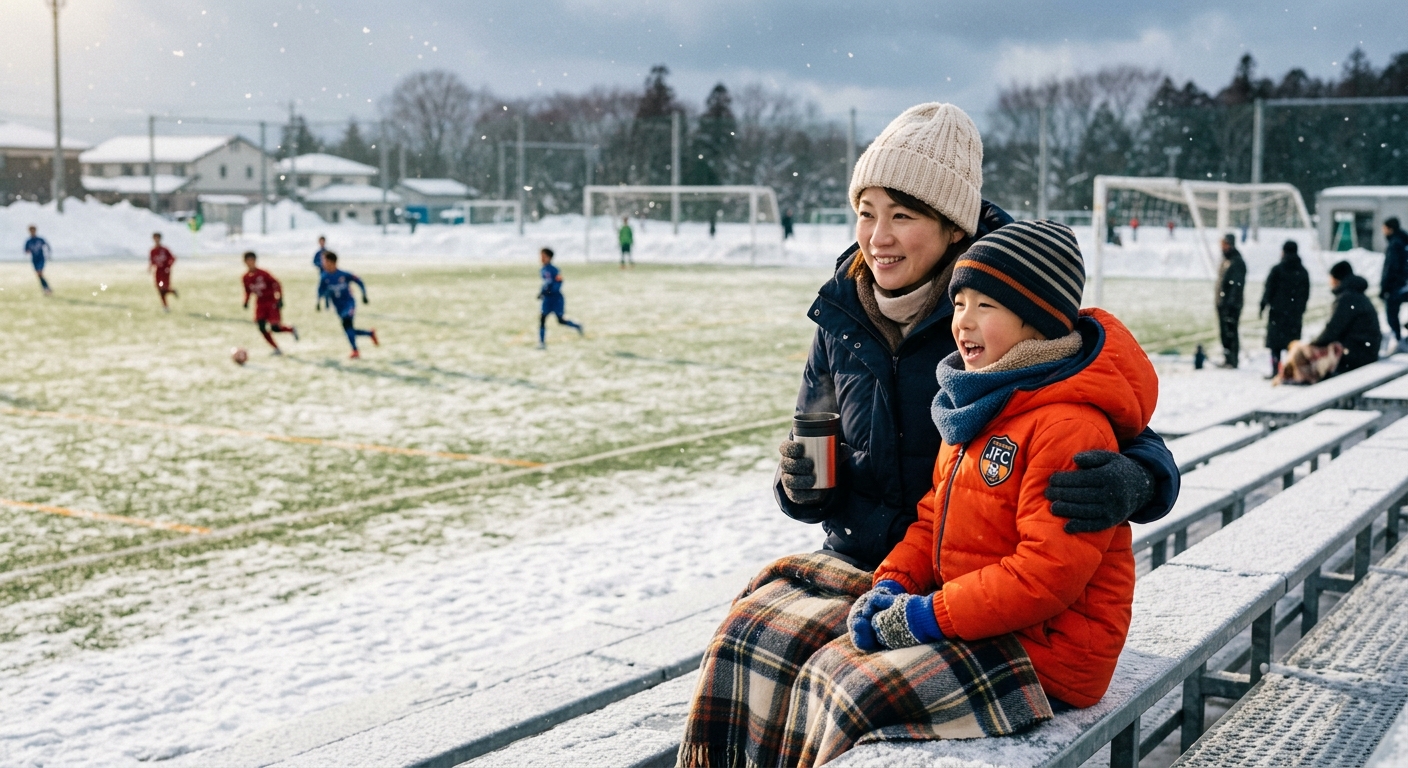 雪の中、親子が防寒着でサッカー試合を観戦。芝生に薄雪、冬の太陽が柔らかく照らす。