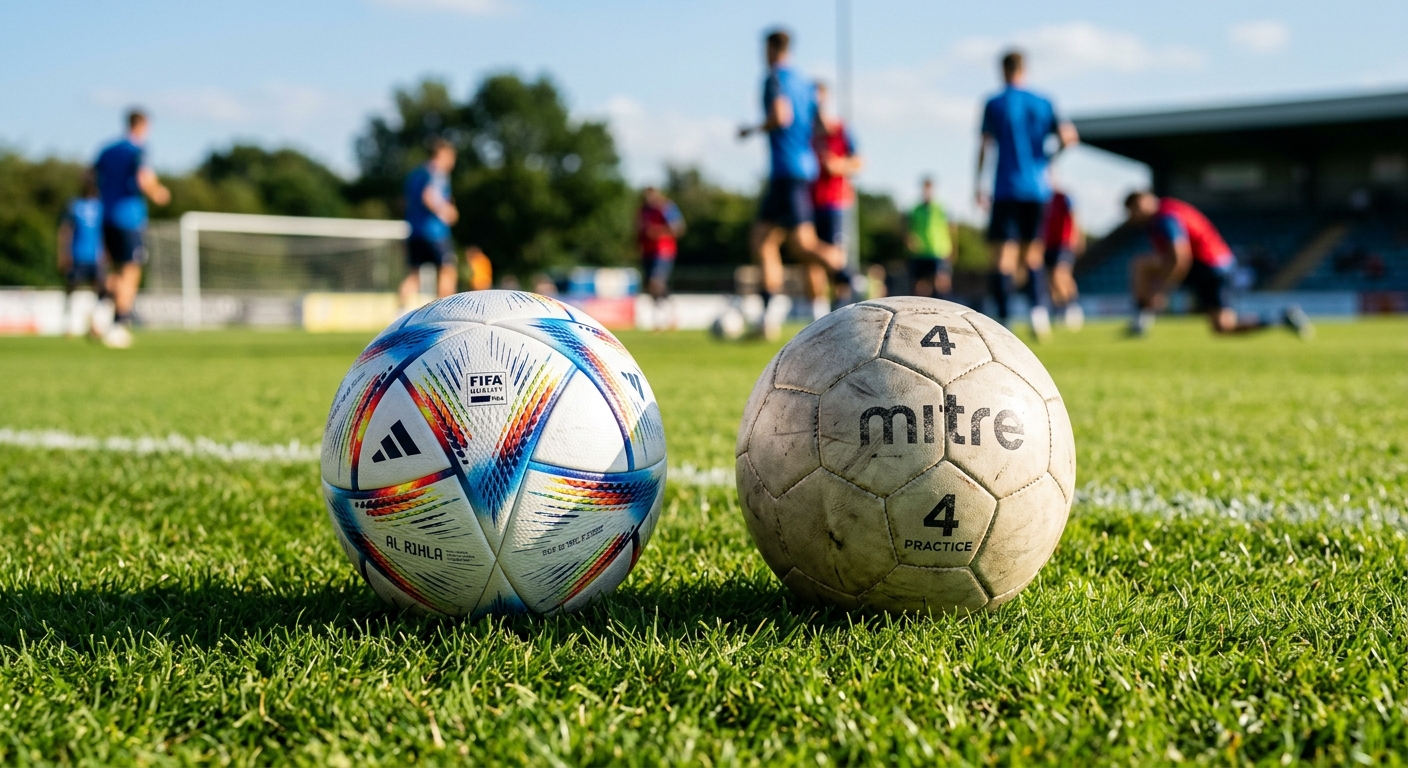 晴れたサッカー場で公式試合球と練習用ボールが並び、背景に選手たちがウォーミングアップしている。