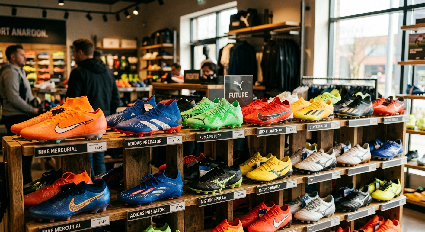 スポーツ用品店で色鮮やかなサッカースパイクがディスプレイに並ぶ。自然光が暖かく照らす。