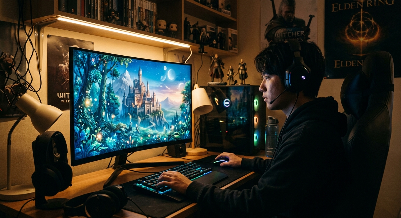 暗い部屋でMMORPGをプレイする人の横顔、画面に魔法の森と城が映る。
