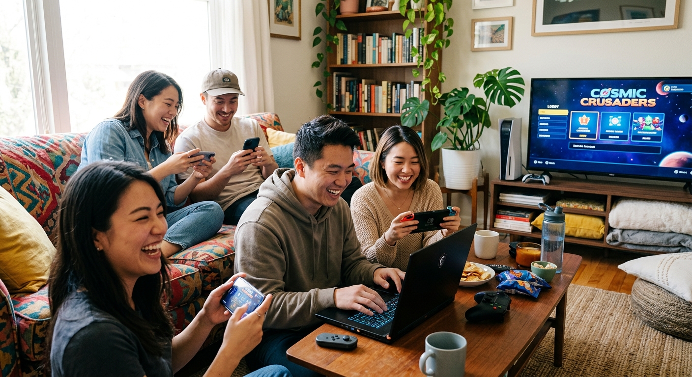 明るいリビングで若者たちがスマホとPCでオンラインゲームを楽しむ様子。笑顔で和やかな雰囲気。