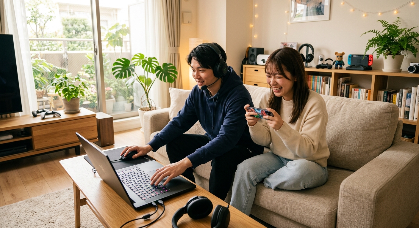 若い男女が明るいリビングでスマホとPCを使い、クロスプレイゲームを楽しむシーン。モダンなインテリア。