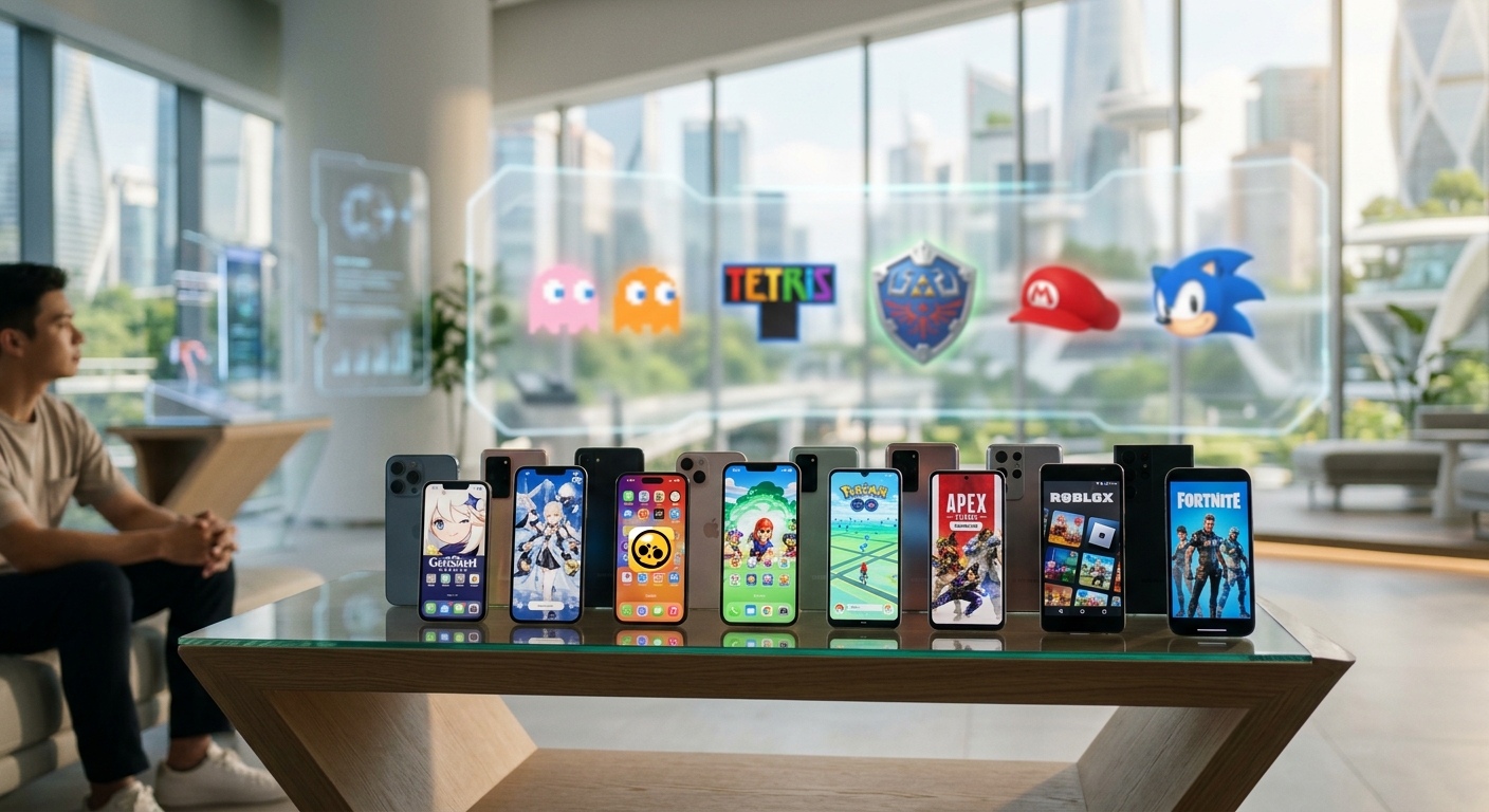 未来的な背景にスマートフォン画面が並び、ゲームアイコンが淡くぼやけたシーン。