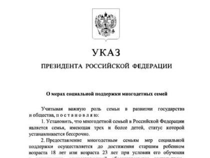 Президент РФ утвердил статус многодетных семей в стране