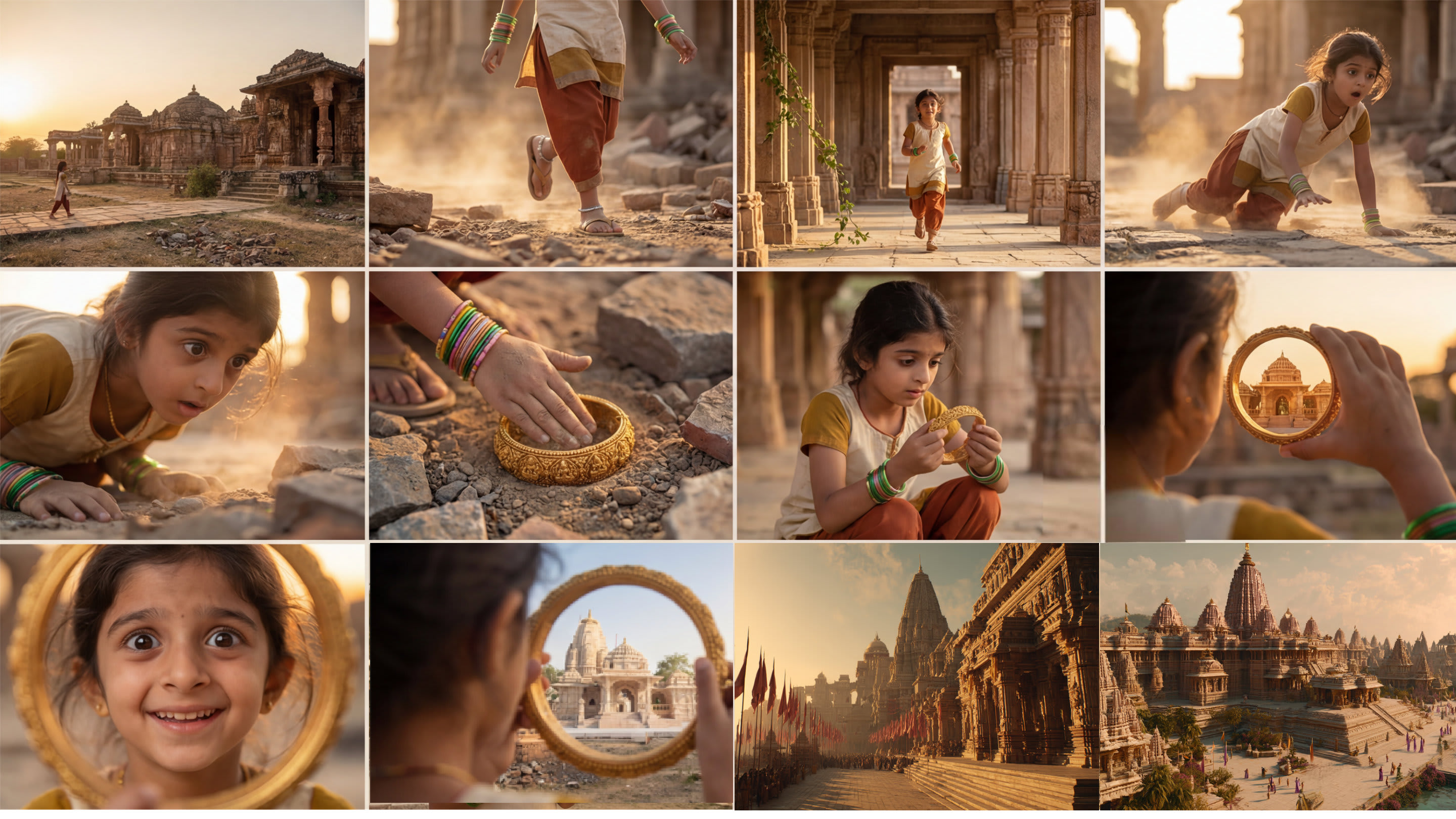 Kalyan Jewellers AI storyboard by GoRo — a young Indian girl exploring temple ruins, finding a golden bangle