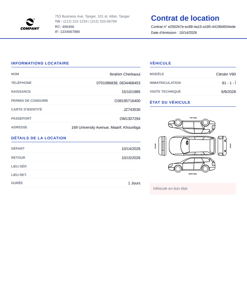 Contrat de location PDF VoitureLink (recto)