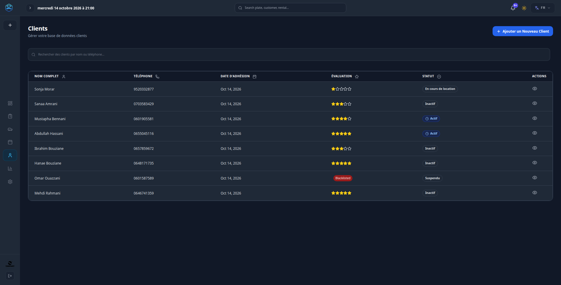 Gestion CRM clients VoitureLink - Annuaire locataires avec notation et documents