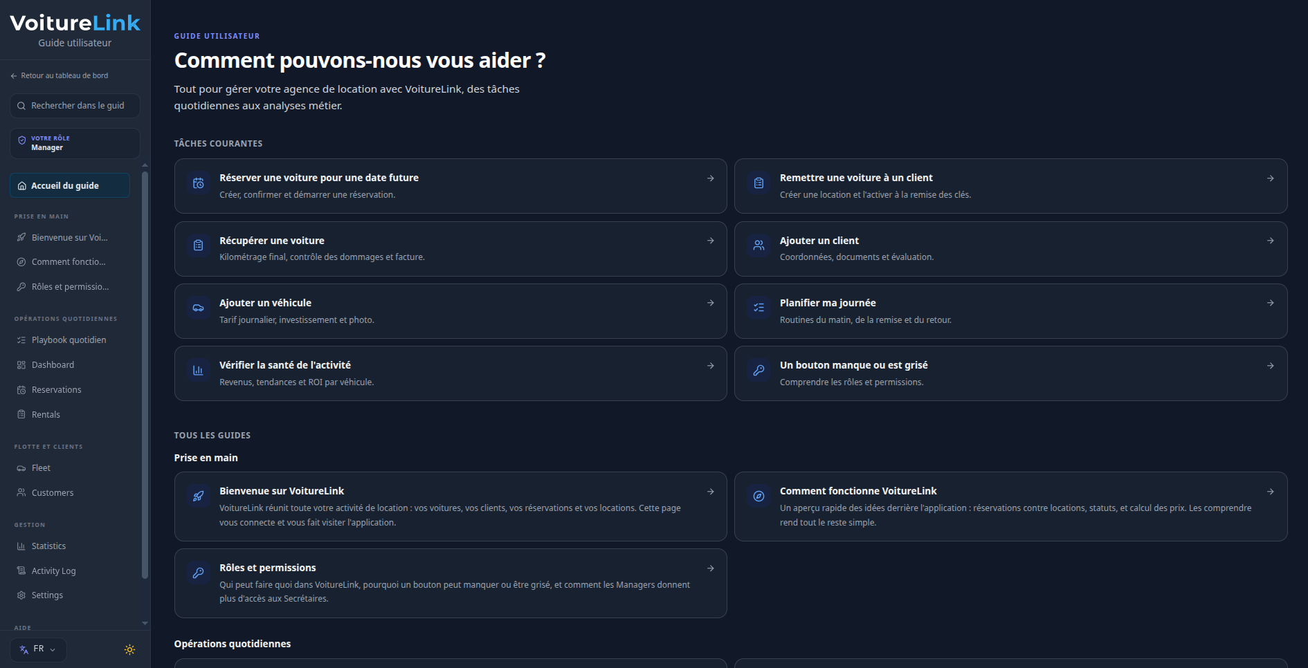 Guide d'utilisation intégré à VoitureLink, adapté au rôle Gérant ou Secrétaire