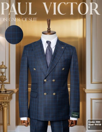Double breasted checked grey suit.
