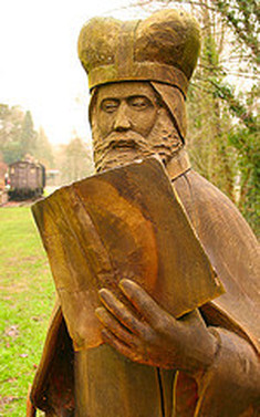 Wooden statue of Geoffrey of Monmouth in Tintern, Monmouthshire