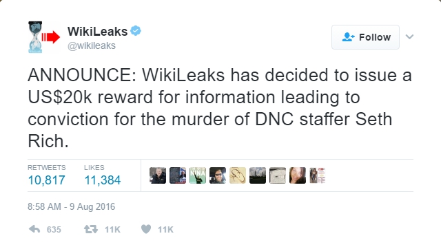 WikiLeaks announces a $20,000 reward for information on the murder of Seth Rich