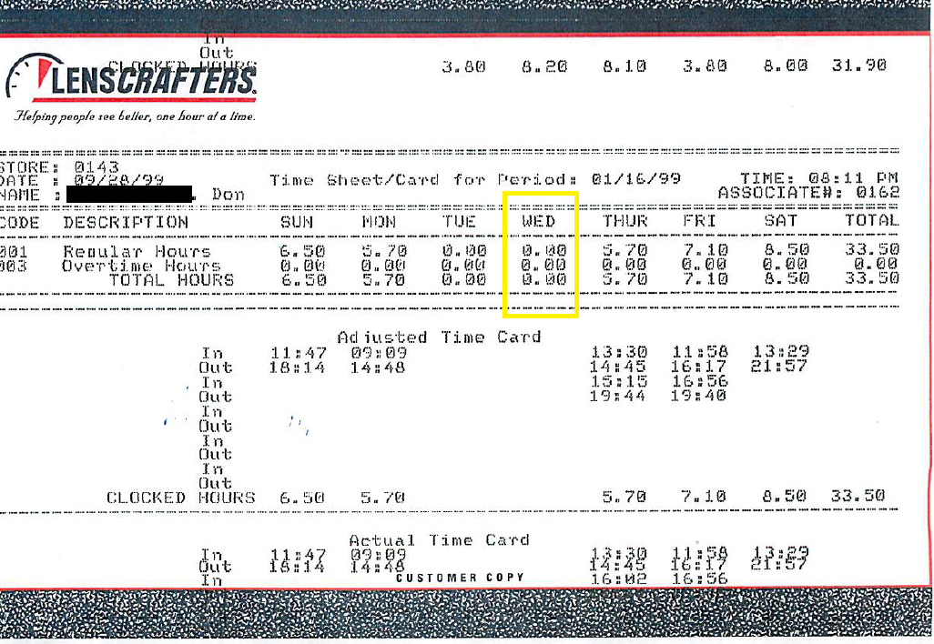 Don's Owings Mills timesheet, associate ID #0162